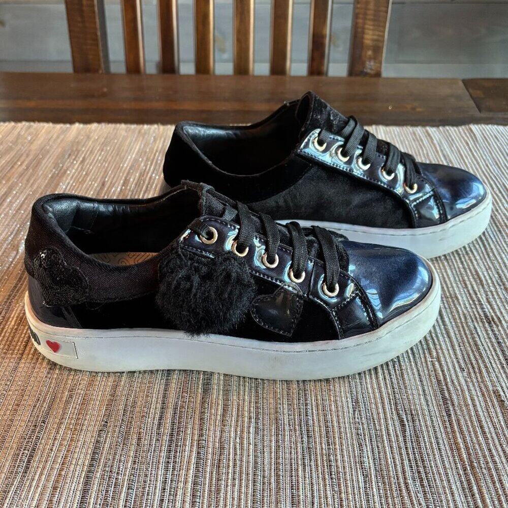 LOVE MOSCHINO | Women's Black Velvet Puffy & Sequin Heart Sneakers Size 38